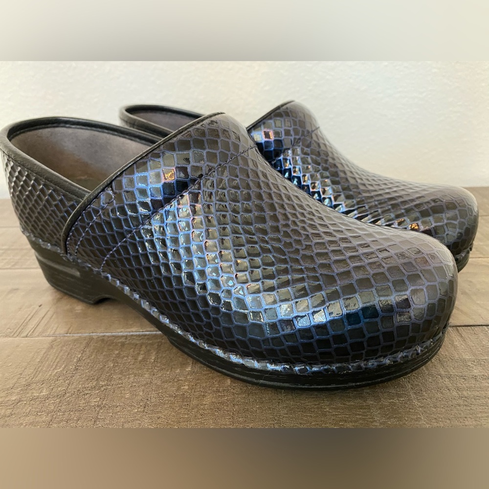 Dansko XP Blue & Black Snakeskin Print Leather Clogs